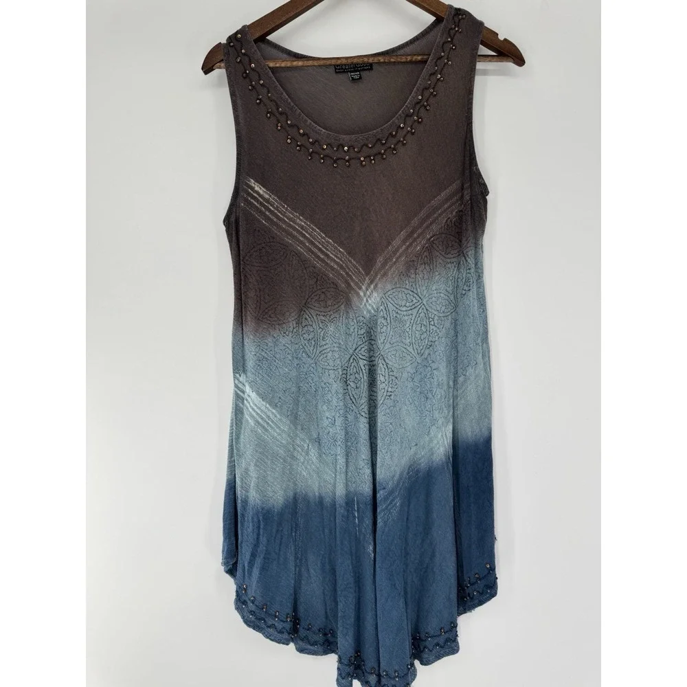 Greater Good Tank Midi Dress One Size Blue Brown Scoop Neck Beaded cover up boho